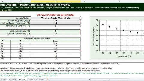 À partir d'une donnée propre à l'exploitation (temps de croissance de la variété dans les conditions moyennes de production), le logiciel « Flowers On Time » fournit un tableau et un graphique du nombre de jours estimés jusqu'à la floraison en fonction de la température de culture.