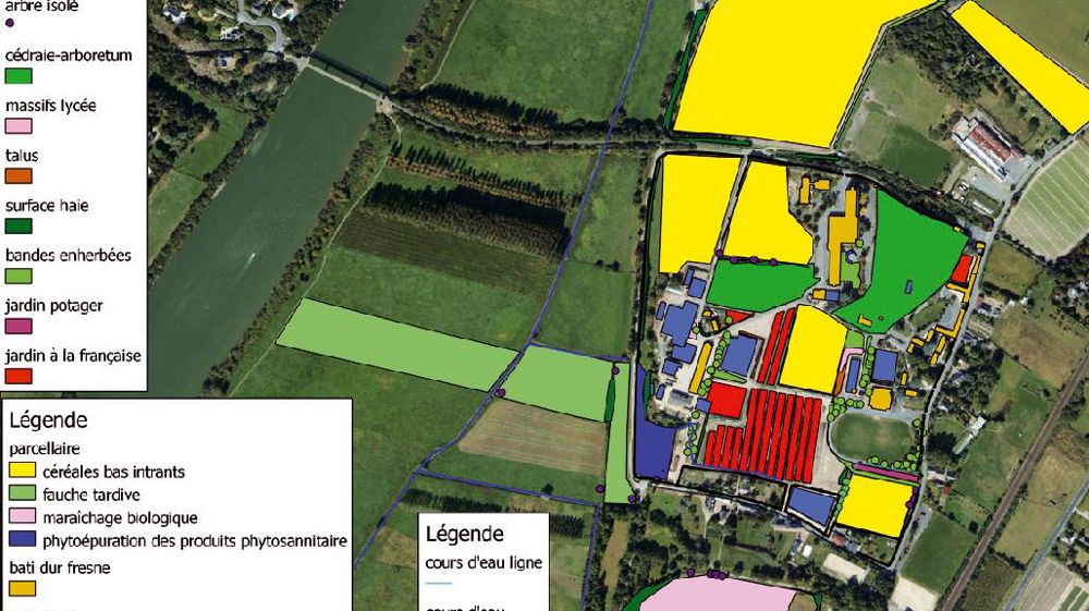 Document réalisé par le lycée du Fresne (49) pour l'audit de certification « Plante Bleue ». Les différentes parcelles agricoles et horticoles ainsi que des éléments du paysage ont été identifiés. Les prairies entre le lycée et la Maine sont classées Natura 2000.