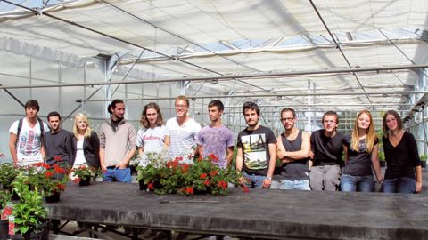 De gauche à droite : Rémy Tourrette, Helios Serrano Lopez et Léa Parsy (élèves de seconde année de BTS) ont parrainé la promotion 2011-2013 composée de Kentin Bardin, Nathan Lapeyre, Stéphane Bartout, Arno François, Florian Chautard, Laurent Martin, Louis Cannat, Julie Jouve, Manon Maymard, et Clément Barthe (absent le jour où cette photo a été prise). Les serres presque vides témoignent des bonnes ventes réalisées par les étudiants.