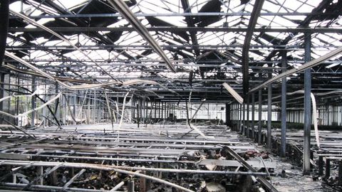 2 500 m2 de serre détruits à 50 %. Cette jardinerie allemande construite début 2000, était équipée d'une toile d'écran thermique facilement inflammable. Montant estimé des dégâts : 300 000 euros.PHOTO : GBV