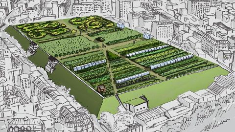 Vue imaginée des 2,5 hectares du toit du réservoir d'eau potable Montsouris, dans le XIVe arrondissement de Paris, occupé par une exploitation maraîchère bio.PHOTO : EELV