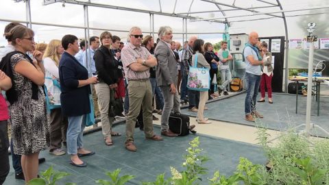 Lors des portes ouvertes de la station d'expérimentation Arexhor Sud-Ouest GIE Fleurs & Plantes, fin juin 2016, la firme Pyrène Automation a présenté plusieurs solutions simples de thigmomorphogénèse devant un parterre d'adhérents intéressés.