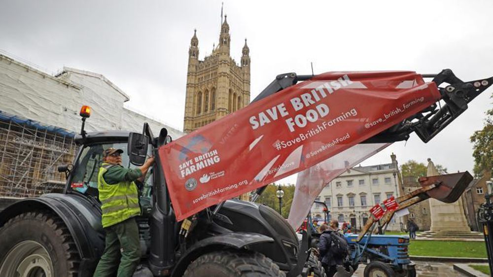 Manifestation du collectif Save British Farming devant Westminster le 12 octobre 2020. © Tolga Akmen/AFP)