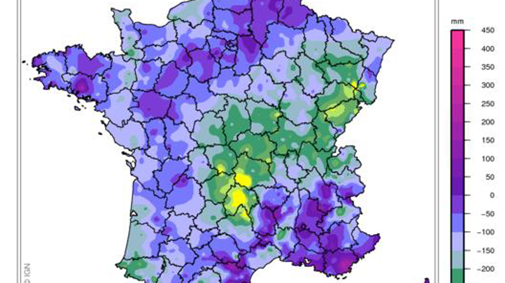Cumul de précipitations de septembre 2018 à juin 2019. Écart à la normale 1981-2010. © Météo-France