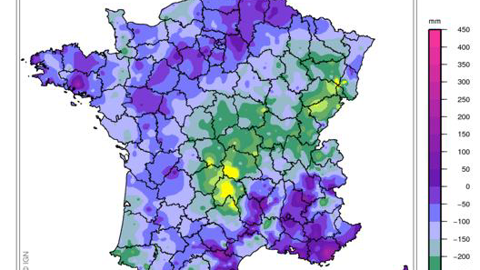 Cumul de précipitations de septembre 2018 à juin 2019. Écart à la normale 1981-2010. © Météo-France Cumul de précipitations de septembre 2018 à juin 2019. Écart à la normale 1981-2010. © Météo-France