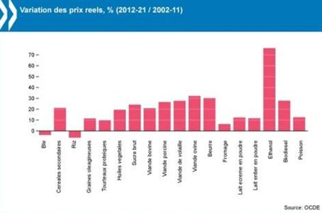 Variation des prix rééls des prix agricoles sur 2012/2021.