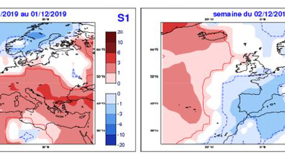Anomalies de température prévues à gauche pour cette semaine et à droite pour la semaine prochaine sur l’Europe. © Météo-France
