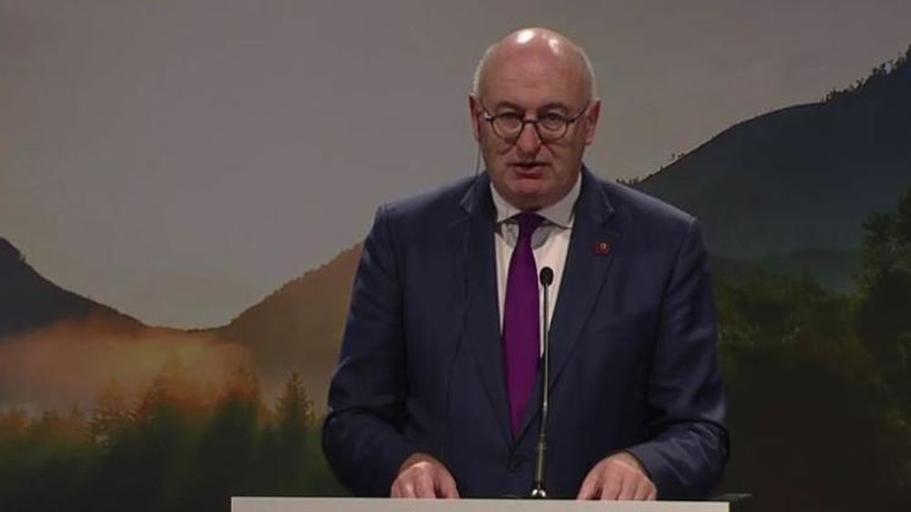Phil Hogan, le commissaire européen à l’Agriculture, s’exprimant sur la peste porcine africaine ce 25 septembre 2018, en marge du conseil informel des ministres européens de l’Agriculture en Autriche. © Union européenne