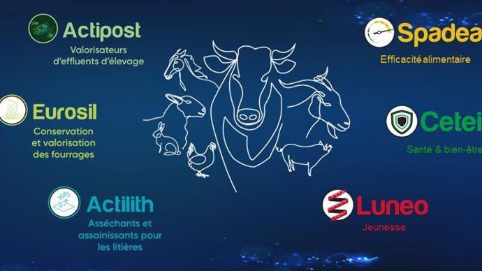 L’ensemble des produits Timac Agro destinés à la nutrition des animaux est regroupé en trois axes (à droite) aux noms empruntés à des animaux marins.