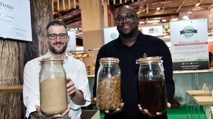 Grégory Louis, PDG et fondateur d'Entomo Farm (à droite), et Stéphane Ballas, chargé de projet chez Ovalie Innovation, ont présenté l'entreprise et ses projets, le 27 février au Sia. © C. FAIMALI Grégory Louis, PDG et fondateur d'Entomo Farm (à droite), et Stéphane Ballas, chargé de projet chez Ovalie Innovation, ont présenté l'entreprise et ses projets, le 27 février au Sia. © C. FAIMALI
