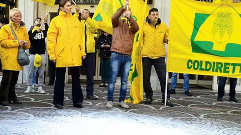 Devant l'Autorité de la concurrence, à Rome, les manifestants déversent de la poudre de lait, qui symbolise les importations de lait étranger et les cendres de l'étable italienne. © N.S. 