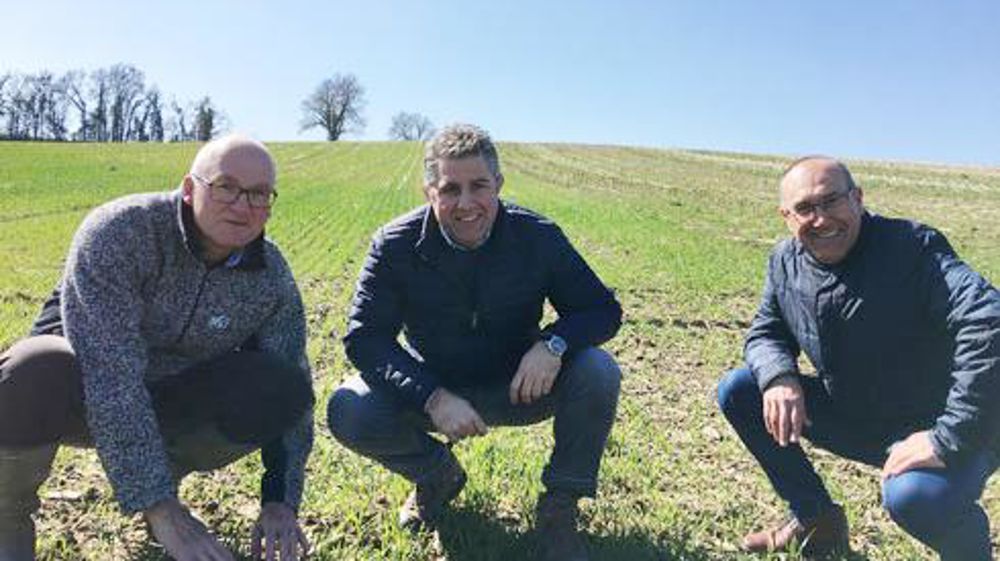 Jean-Marc Ferion, conseiller technique chez Sansan, à Nérac (Lot-et-Garonne), Laurent Bernede, agriculteur et Alain Sansan, PDG des Ets Sansan. Jean-Marc Ferion, conseiller technique chez Sansan, à Nérac (Lot-et-Garonne), Laurent Bernede, agriculteur et Alain Sansan, PDG des Ets Sansan.