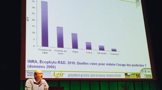 Jean-Noël Aubertot de l'Inra d'Auzeville, lors de la Cima 2012 en décembre à Tours : « Nous cherchons comment établir des systèmes de cultures qui réduisent le stress abiotique, et des voies de progès pour réduire l'IFT. »M. LOISON