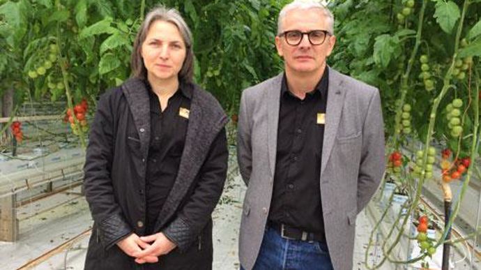 Isabelle Georges, directrice, et Christophe Rousse, président de Solarenn, dans une de ses serres qui ne reçoivent plus de pesticides depuis plusieurs années.  Isabelle Georges, directrice, et Christophe Rousse, président de Solarenn, dans une de ses serres qui ne reçoivent plus de pesticides depuis plusieurs années. 