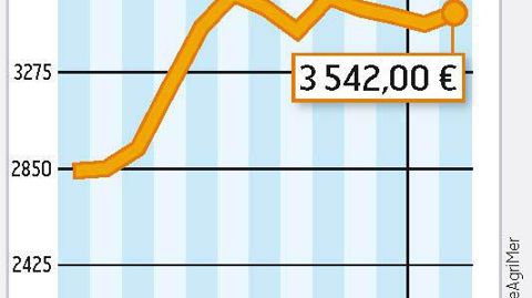COMMENT INTERPRÉTER CES GRAPHIQUES ? La courbe verte correspond à un prix moyen du lait en France. En janvier 2011, l'estimation d'Atla (Association des transformateurs de lait) l'établit à 325 €/1 000 l. La courbe jaune correspond à la valorisation en beurre et poudre d'un litre de lait collecté. Atla estime qu'elle est à 308 €/1 000 l. En janvier, la valorisation beurre-poudre était donc inérieure de 17 € au prix moyen du lait.