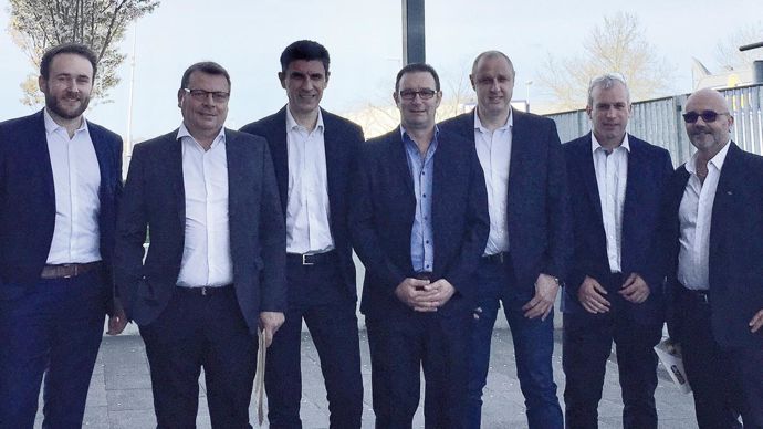Fabien Galan (à gauche), Jean-Marc Ferlini, Claude Bibé, nouveau président, Thierry Bénassac, nouveau DG, Eric Sanzovo, Julien Thomas et Denis Maurel.