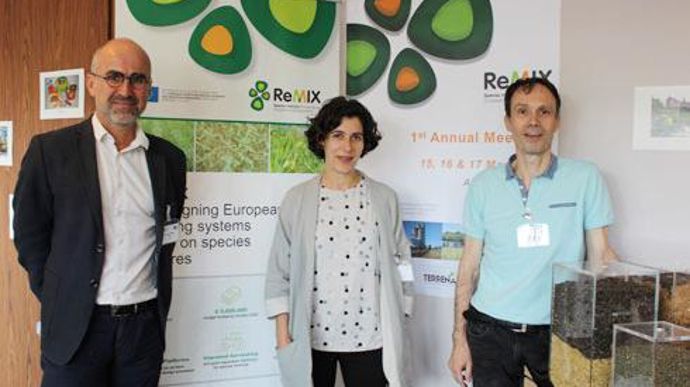 Bertrand Pinel, chef de projet R & D Terrena, Eric Justes et Natalia Bellostas, respectivement coordinateur et responsable communication du projet ReMIX, insistent sur la diffusion des connaissances. © M. COISNE Bertrand Pinel, chef de projet R & D Terrena, Eric Justes et Natalia Bellostas, respectivement coordinateur et responsable communication du projet ReMIX, insistent sur la diffusion des connaissances. © M. COISNE