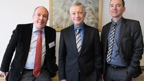 Philippe Mangin, président, Patrice Gollier, DG, et Jérôme Calleau, président délégué d'InVivo. L'union équilibre son activité en France par le développement à l'international.H. LAURANDEL