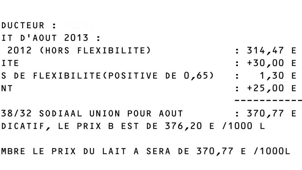 Cette facture Sodiaal en Bretagne-Pays de la Loire ne mentionne pas les indices Cniel. Elle fait référence à une hausse d'un prix politique de 25 €/1 000 l, en place depuis le mois d'avril. 