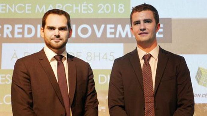 Romain Gueritaine (à gauche) et Victor Moulins, les animateurs de la cellule Matif à Dijon céréa­les : « Nous pensons que la meilleure des solutions consiste à concentrer nos offres autour du prix de campa­gne. Libre à l'agriculteur d'adosser des modules à ce prix. » © A. BRÉHIER Romain Gueritaine (à gauche) et Victor Moulins, les animateurs de la cellule Matif à Dijon céréa­les : « Nous pensons que la meilleure des solutions consiste à concentrer nos offres autour du prix de campa­gne. Libre à 