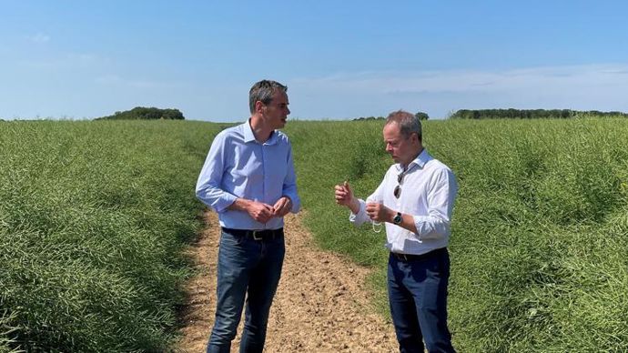 La Scael a convié à son Agricampus, le 10 juin, toute l’équipe de Saipol, l’un de ses trois partenaires pour valoriser le colza bas GES. Jean-Sébastien Loyer, directeur général de la Scael (à g.), s’entretient ici avec Christophe Beaunoir, DG de Saipol. © SCAEL