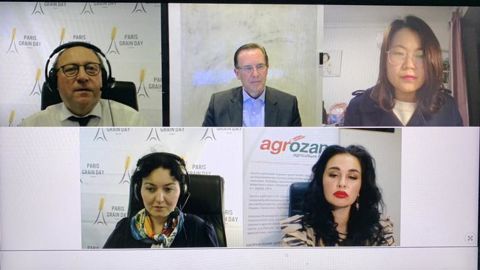 En vidéoconférence avec notamment Michel Portier (à g.), directeur du Paris Grain Day et d’Agritel, Dan Basse (au centre), président du cabinet américain AgResource, a évoqué un marché qui se dirigeait vers des prix du soja entre 15 et 17 dollars le boisseau.