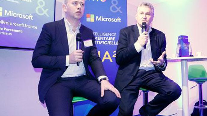 Carlo Purassanta, président de Microsoft France, et Thierry Blandinières, DG d'InVivo, le 27 février, au Sia. © R. FOURREAUX Carlo Purassanta, président de Microsoft France, et Thierry Blandinières, DG d'InVivo, le 27 février, au Sia. © R. FOURREAUX