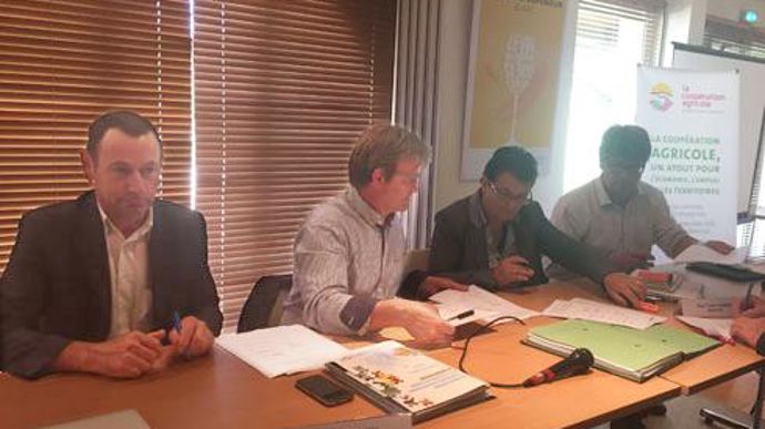 Jean-Pierre Boulesteix, président de Coop de France Limousin, Patrick Grizou, président de Coop de France Aquitaine, Yvette Thomas, présidente de Coop de France Poitou-Charentes et Nouvelle Aquitaine, et Stéphane Héraud, président de la fédération des coopératives viticoles d'Aquitaine, le 30 mai à Bordeaux. Jean-Pierre Boulesteix, président de Coop de France Limousin, Patrick Grizou, président de Coop de France Aquitaine, Yvette Thomas, présidente de Coop de France Poitou-Charentes et Nouvelle 