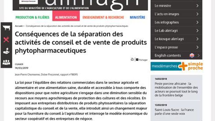 Le rapport de 43 pages, téléchargeable sur le site du ministère, évoque à terme la mise en place d'une ordonnance phytosanitaire préalable à la délivrance des produits.