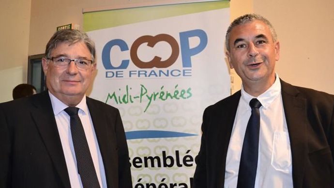 Gérard Pargade, président délégué (à gauche) et Jean-Pierre Arcoutel, président de Coop de France Midi-Pyrénées, lors de leur dernière AG.F. JACQUEMOUD