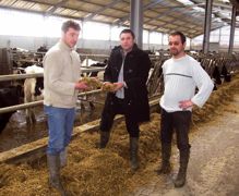 Les éleveurs Bruno et Erwan Calle, et Stéphane Saillé, de chez Prisma peuvent constater à l'auge la bonne conservation du fourrage.© D.G. Les éleveurs Bruno et Erwan Calle, et Stéphane Saillé, de chez Prisma peuvent constater à l'auge la bonne conservation du fourrage.© D.G.