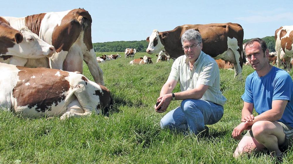À 45 ans, Arnaud Foissey (à droite) souhaite rester dans une logique d'autonomie et de mixité lait-viande, permise par la race montbéliarde, qui fait la sécurité de son système.© J.P. À 45 ans, Arnaud Foissey (à droite) souhaite rester dans une logique d'autonomie et de mixité lait-viande, permise par la race montbéliarde, qui fait la sécurité de son système.© J.P.