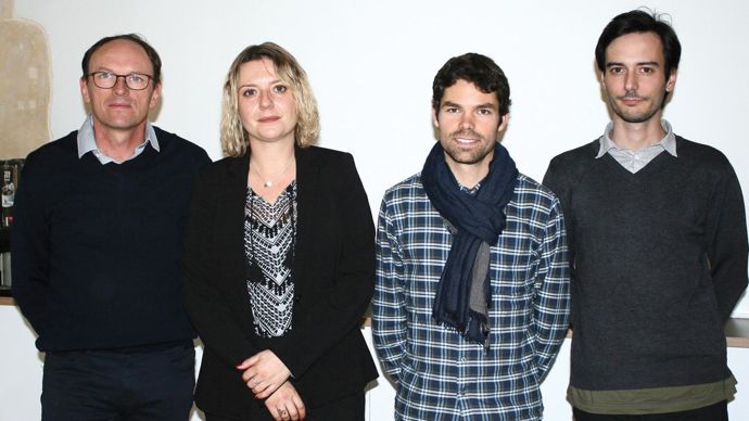 La nouvelle directrice, Julie Toussaint, entourée de son équipe commerciale, Philippe Récaldini (à gauche), Victor Etevenot et Clément Tarruella.B. CAILLIEZ
