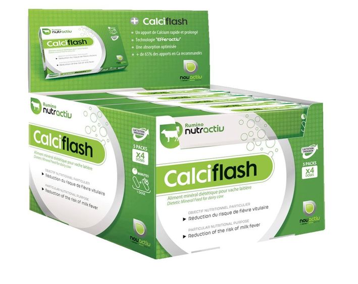 Le Calciflash, destiné à prévenir la fièvre de lait, contient notamment du calcium sous forme de chlorure très absorbable au niveau ruminal, dont l'effet irritant est contrebalancé par l'apport rapide permis par la technologie du bolus effervescent.