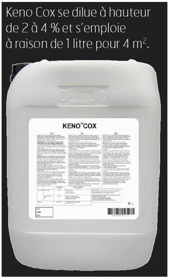 Keno Cox se dilue à hauteur de 2 à 4 % et s'emploie à raison de 1 litre pour 4 m2.