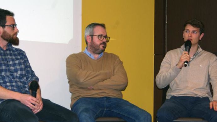Pierre-Antoine Brunel, de Noriap (à g.), Frédéric Adam, de Cérèsia, et Armand Gandon, de Vivescia, lors de l’évènement agriculture bas carbone organisé par le pôle innovation Terrasolis. © C. URVOY