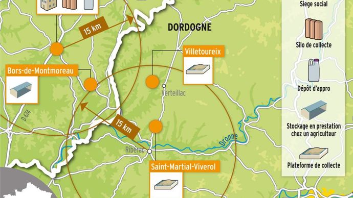 Quatre points de chute sur deux départementsLe périmètre d'activité s'étend sur le sud de la Charente et le nord de la Dordogne, secteurs historiquesdes deux cogérants.