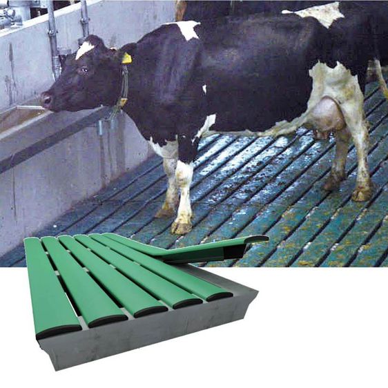 Le revêtement Confort vert a deux vocations : éviter les phénomènes de glisse et réduire les émissions d'ammoniac qui se produisent au sol quand l'urine et les fécès se mélangent.