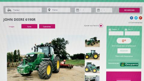 Vu sur le site WeFarmUp : près d'Agen, un JD 6190R de 2014 (600 heures), proposé à la location pour 183 € (HT) par jour avec une caution de 5 000 €.