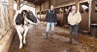 Corentin (à gauche) et Thierry Simonneau ont autoconstruit un bâtiment bois avec niches à vaches pour remplacer l'aire paillée saturée. Corentin (à gauche) et Thierry Simonneau ont autoconstruit un bâtiment bois avec niches à vaches pour remplacer l'aire paillée saturée.