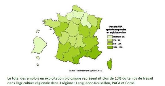 Carte des emplois en agriculture biologique.  