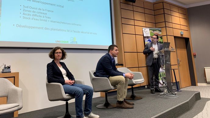 La matinale Eau de La Coopération agricole a fait témoigner plusieurs de ses membres. Ici, de gauche à droite, Olivia Talhouk (LCA ARA) sur une étude gestion de l'eau par les coops de la région, Vincent Bartoli (Cristal Union) et Jean-Luc Reigne (Unicoque).