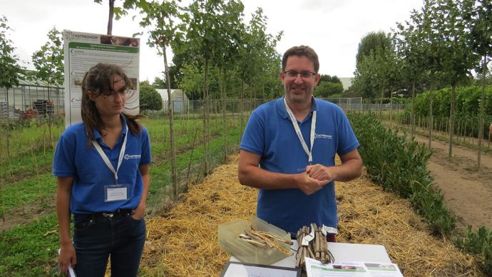 Lutte biologique par conservation : Clémentine Saliou et Alain Ferre présentent l’utilisation de fagots de tiges de sureau pour favoriser l’installation d’hyménoptères chasseurs de pucerons.