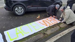 La colère des producteurs de lait ne faiblit pas, face au prix de base du lait de 405 €/1 000 l annoncé par Lactalis pour les adhérents de l’Union nationale des éleveurs livreurs Lactalis (Unell) en janvier 2024. La colère des producteurs de lait ne faiblit pas, face au prix de base du lait de 405 €/1 000 l annoncé par Lactalis pour les adhérents de l’Union nationale des éleveurs livreurs Lactalis (Unell) en janvier 2024.