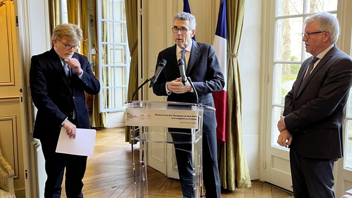 Le protocole d'accord autour des JO a été présenté le 15 février, avec de gauche à droite, Marc Fesneau, ministre de l'Agriculture, Marc Guillaume, préfet d'Ile-de-France et de Paris, et Jean-François Loiseau, président d'Intercéréales.