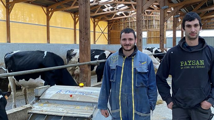 Joël (à gauche) et son frère Rémi responsable du troupeau allaitant : « Automatiser les tâches permet de se concentrer sur l’essentiel : les vaches. »