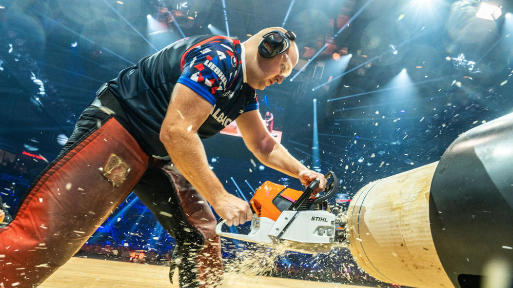 Pierre Puybaret, champion de France en titre, ici lors de l'épreuve « Stock Saw ».