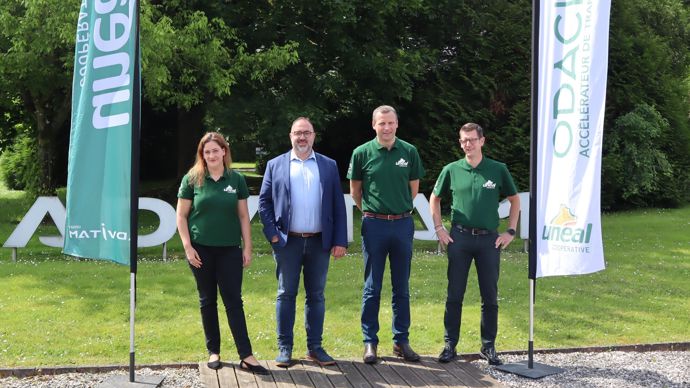 De gauche à droite : Adeline Coustenoble, directrice marketing d'Unéal, Armel Lesaffre, président, Antoine Lepoint, directeur productions végétales, et François Ryckebusch, directeur productions animales, lors de la présentation d'Odacio, lundi 3 juin.