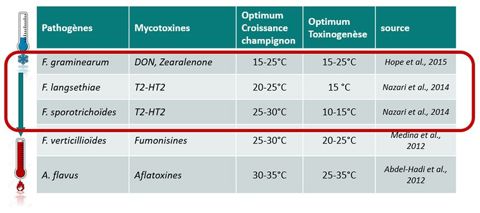 Températures pour les optima de croissance et de toxinogenèse in vitro
