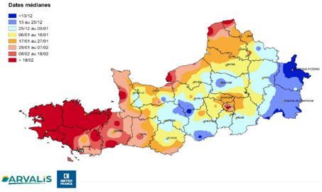 Dates médianes d’apparition du gel (températures < -5°C) sur les 20 dernières années